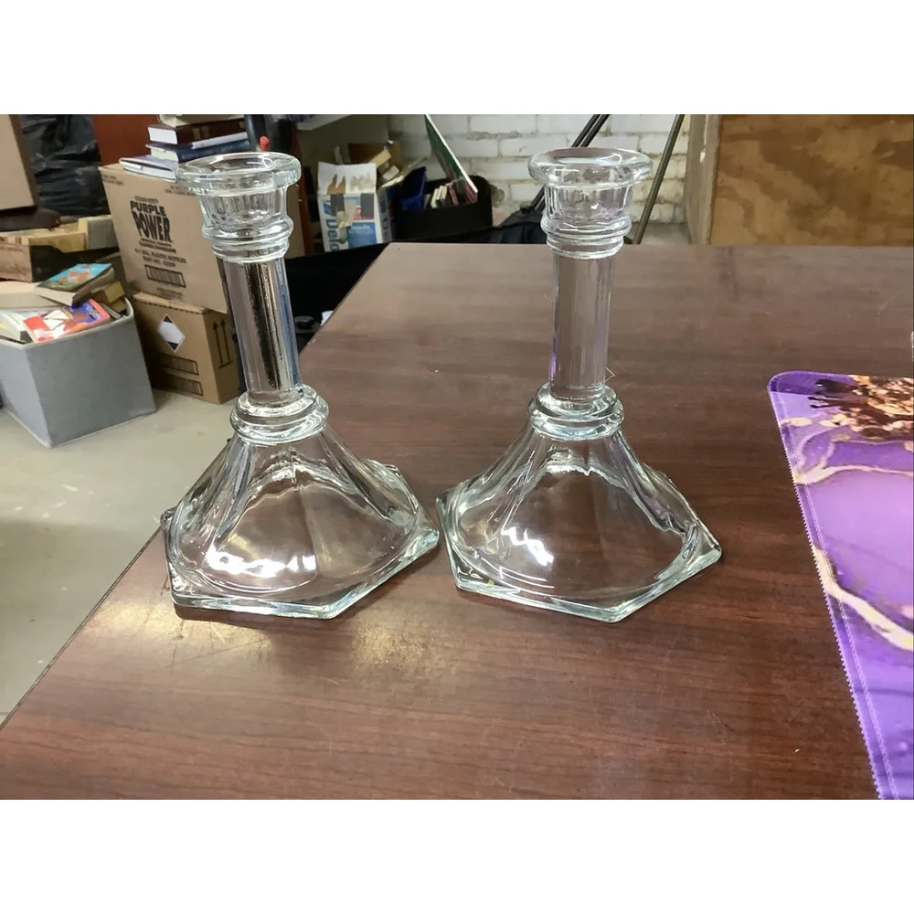 Pair Homco USA Crystal Clear Glass Taper Candle Holder Candlestick Vintage 6”